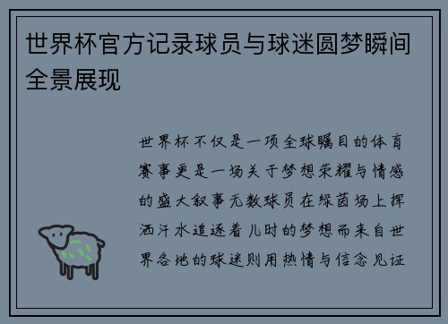 世界杯官方记录球员与球迷圆梦瞬间全景展现